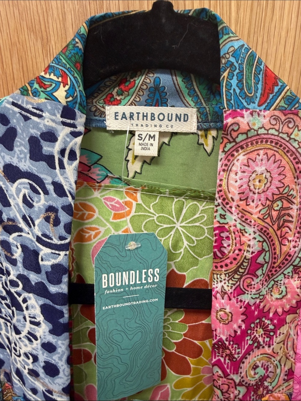 NWT Earthbound Trading Co. Patchwork Colorful Satin Boho Kimono Jacket Duster - Picture 2 of 10
